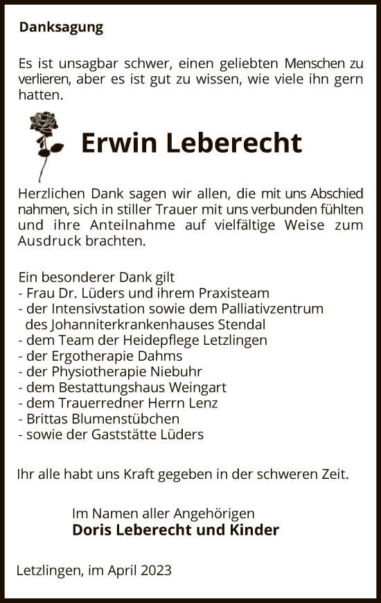 Traueranzeige von Erwin Leberecht von UEL