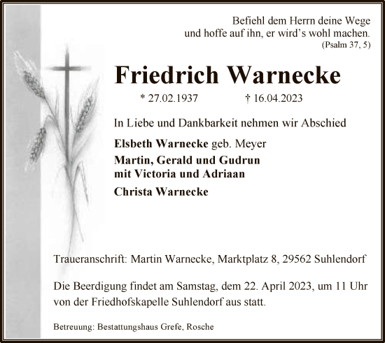 Traueranzeige von Friedrich Warnecke von UEL