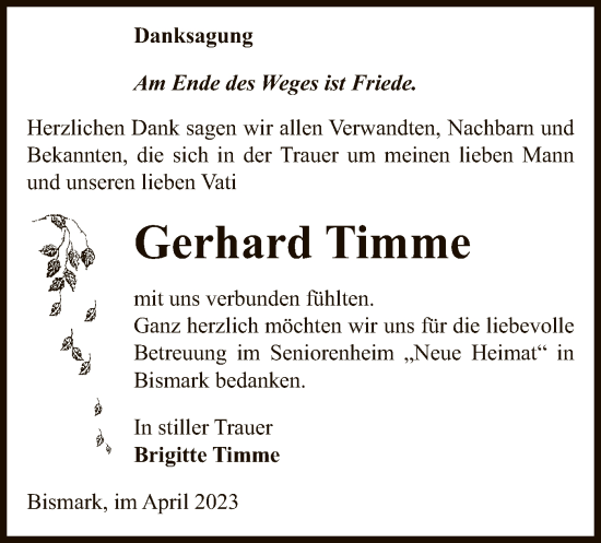 Traueranzeige von Gerhard Timme von UEL