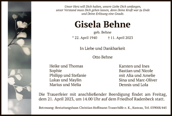 Traueranzeige von Gisela Behne von UEL