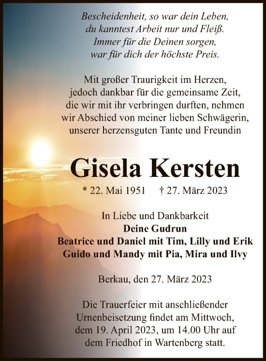 Traueranzeige von Gisela Kersten von UEL