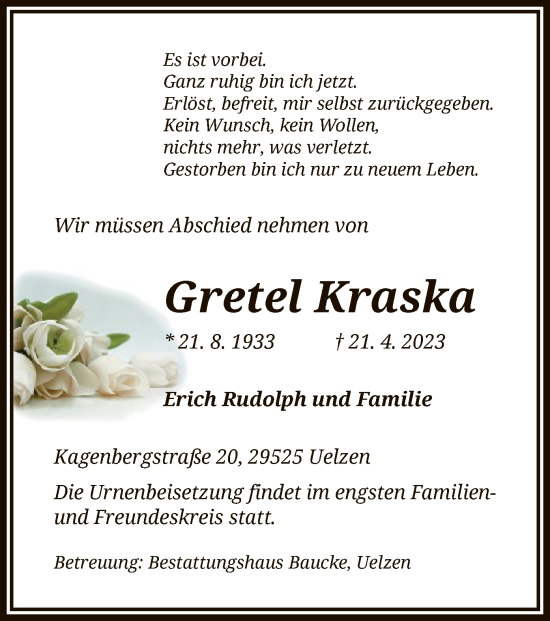 Traueranzeige von Gretel Kraska von UEL