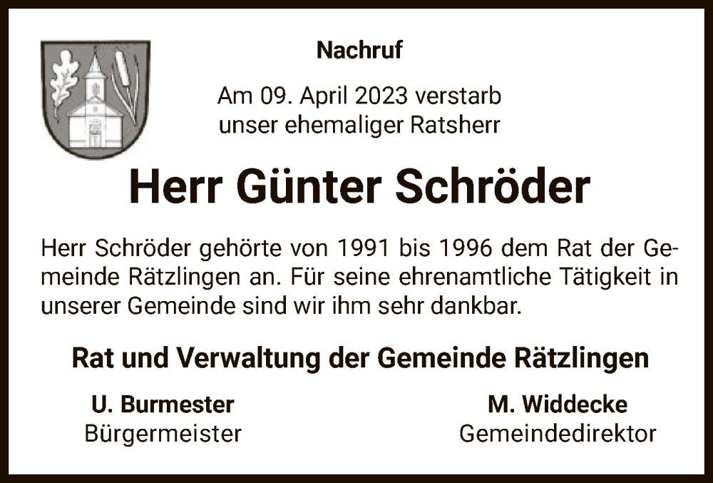  Traueranzeige für Günter Schröder vom 19.04.2023 aus UEL