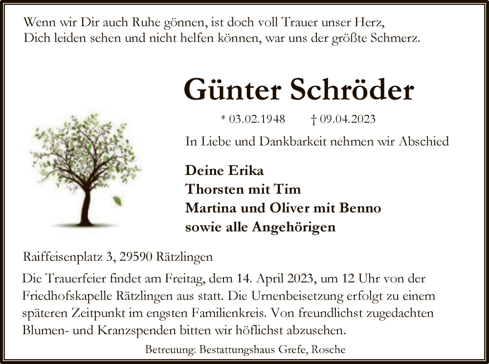  Traueranzeige für Günter Schröder vom 12.04.2023 aus UEL