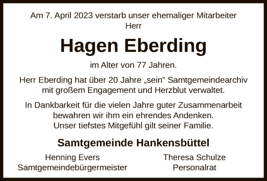 Traueranzeige von Hagen Eberding von UEL