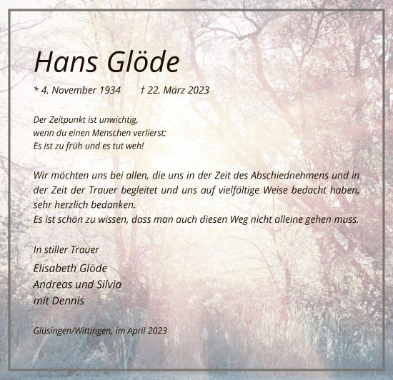 Traueranzeige von Hans Glöde von UEL