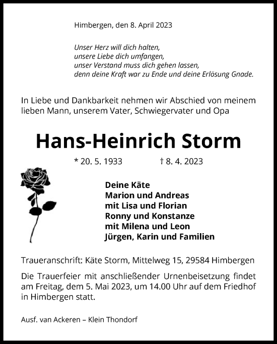 Traueranzeige von Hans-Heinrich Storm von UEL