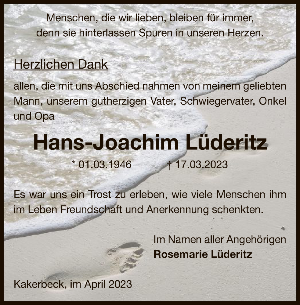  Traueranzeige für Hans-Joachim Lüderitz vom 15.04.2023 aus UEL