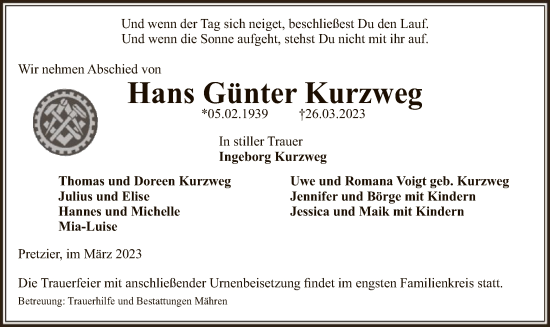 Traueranzeige von Hans Günter Kurzweg von UEL