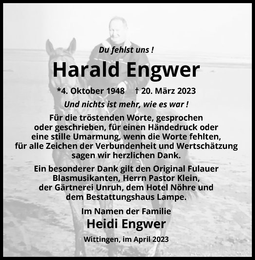  Traueranzeige für Harald Engwer vom 22.04.2023 aus UEL