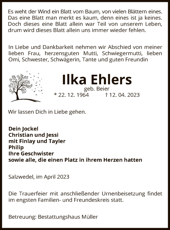 Traueranzeige von Ilka Ehlers von UEL