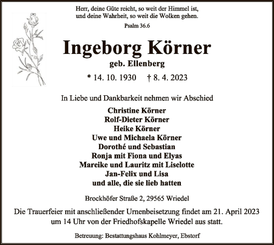 Traueranzeige von Ingeborg Körner von UEL