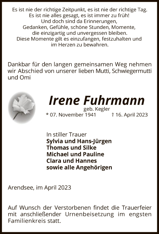 Traueranzeige von Irene Fuhrmann von UEL
