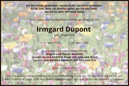 Traueranzeige von Irmgard Dupont von UEL