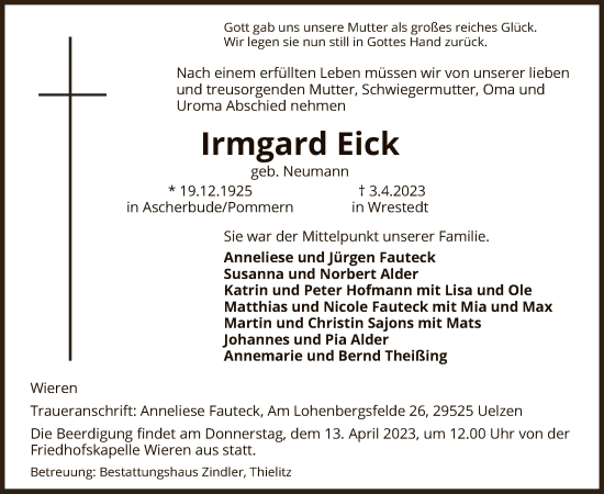 Traueranzeige von Irmgard Eick von UEL