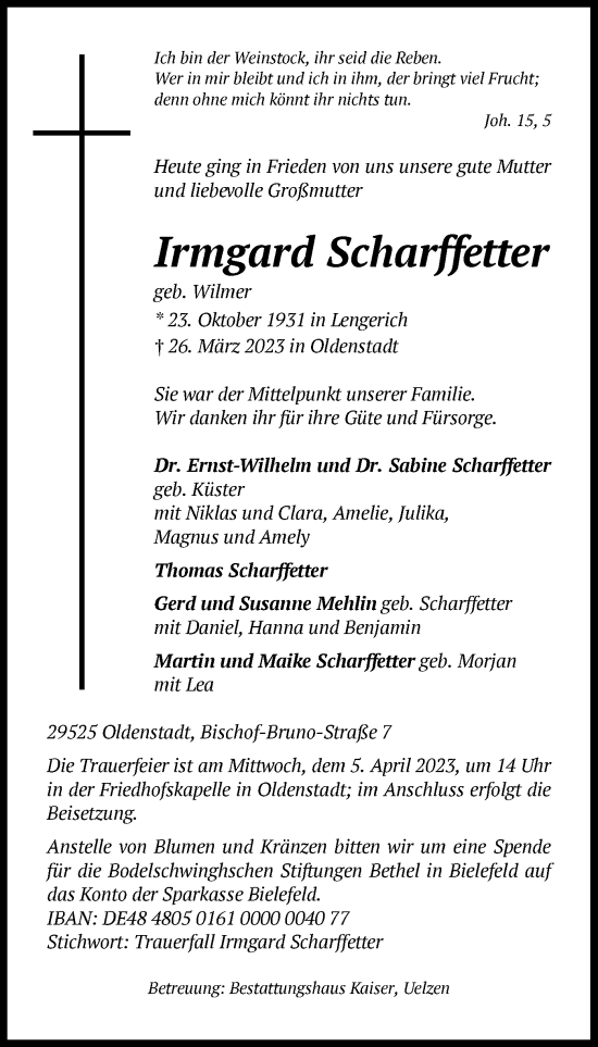 Traueranzeige von Irmgard Scharffetter von UEL