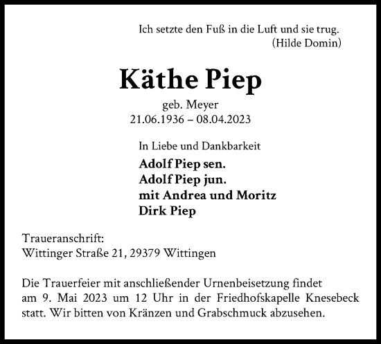 Traueranzeige von Käthe Piep von UEL