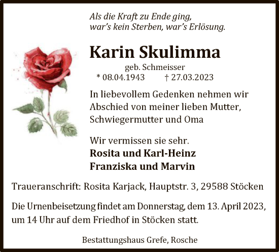 Traueranzeige von Karin Skulimma von UEL