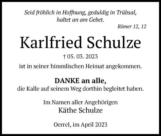 Traueranzeige von Karlfried Schulze von UEL