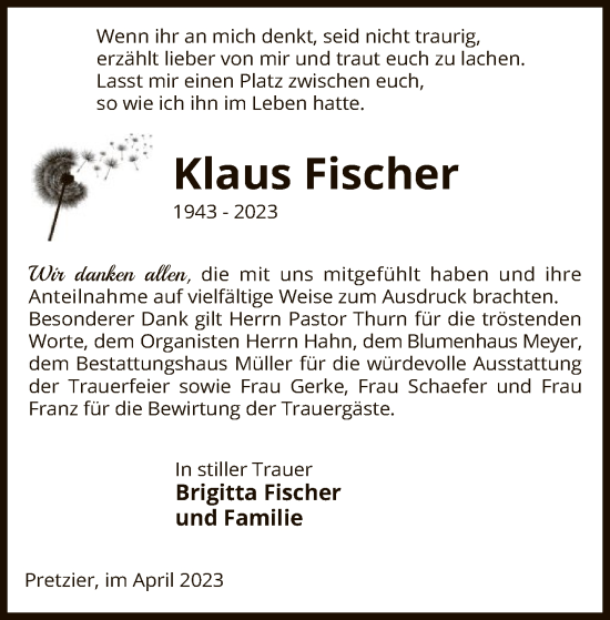 Traueranzeige von Klaus Fischer von UEL