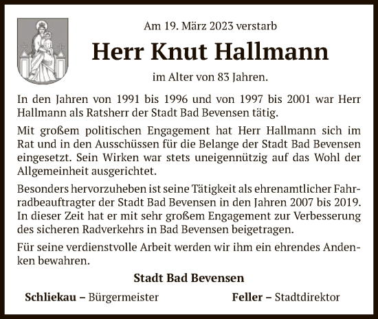 Traueranzeige von Knut Hallmann von UEL