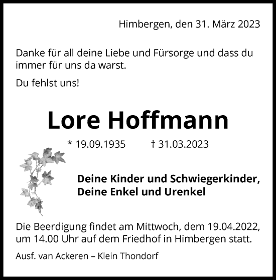 Traueranzeige von Lore Hoffmann von UEL