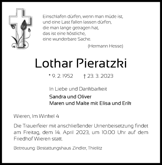 Traueranzeige von Lothar Pieratzki von UEL