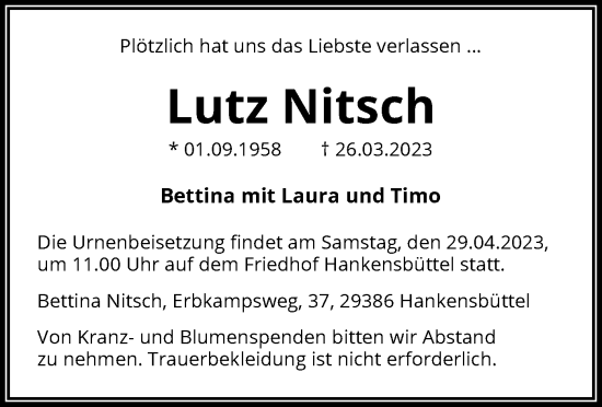 Traueranzeige von Lutz Nitsch von UEL