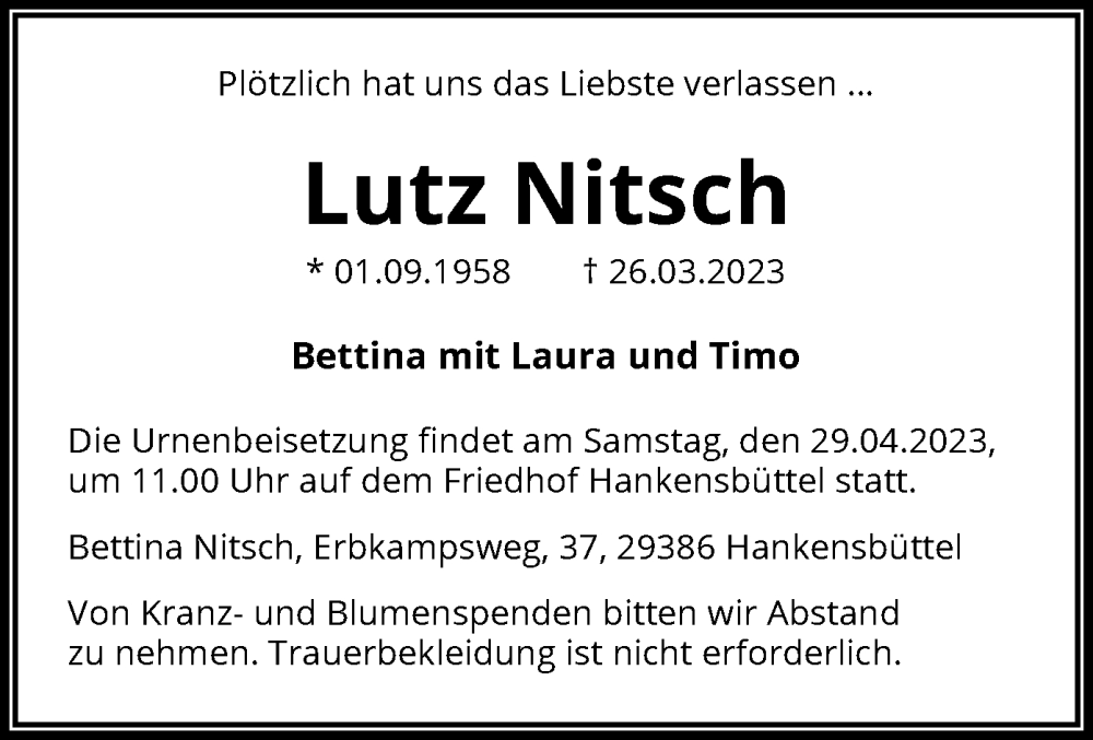  Traueranzeige für Lutz Nitsch vom 24.04.2023 aus UEL