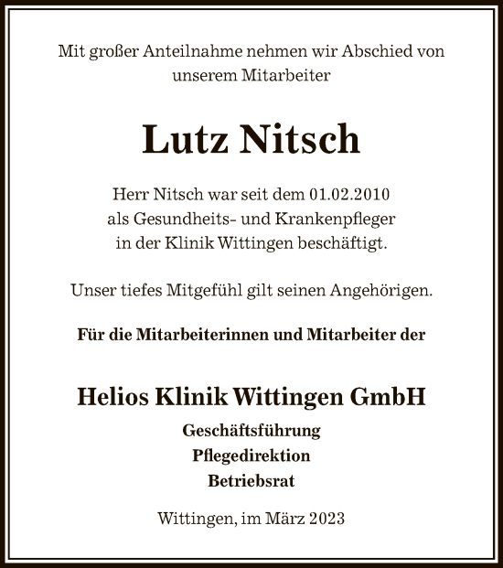 Traueranzeige von Lutz Nitsch von UEL