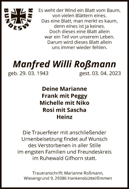 Traueranzeige von Manfred Willi Roßmann von UEL