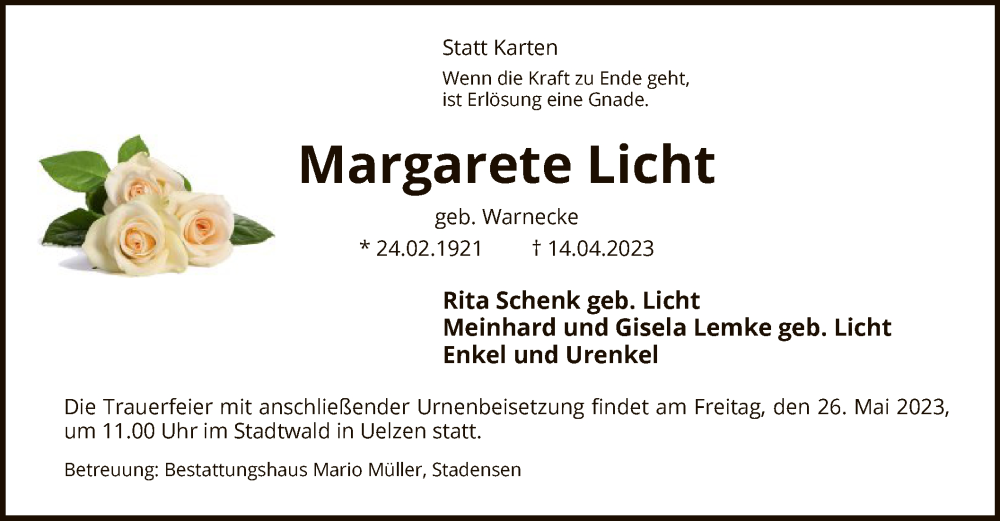  Traueranzeige für Margarete Licht vom 22.04.2023 aus UEL