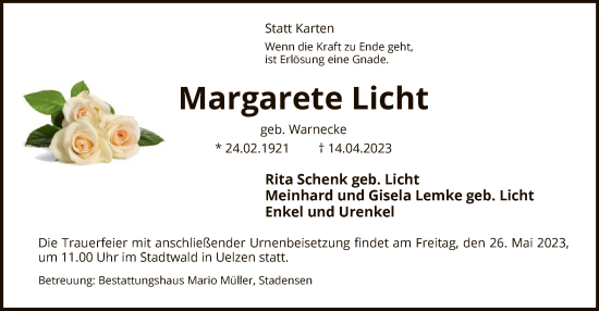 Traueranzeige von Margarete Licht von UEL