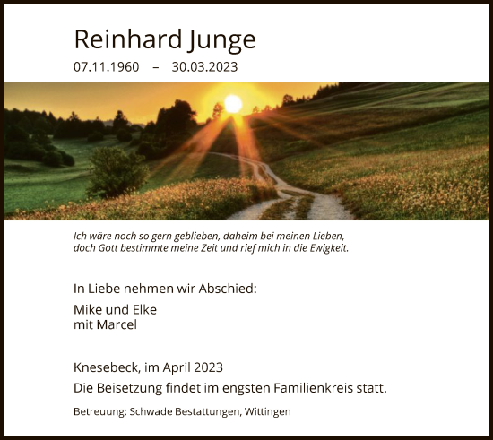 Traueranzeige von Reinhard Junge von UEL