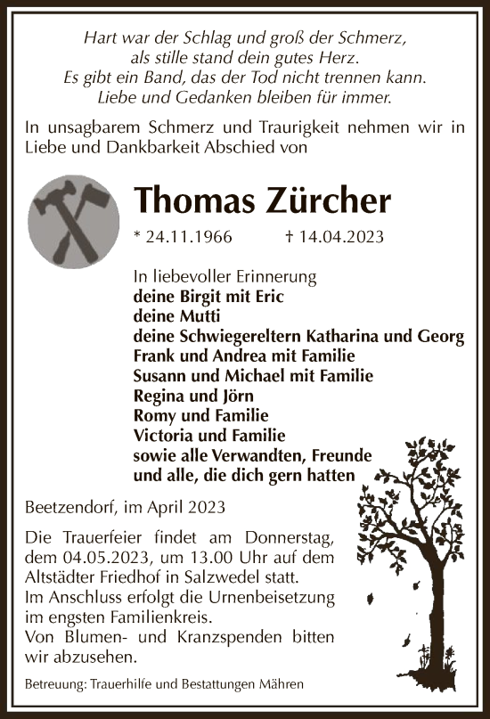 Traueranzeige von Thomas Zürcher von UEL