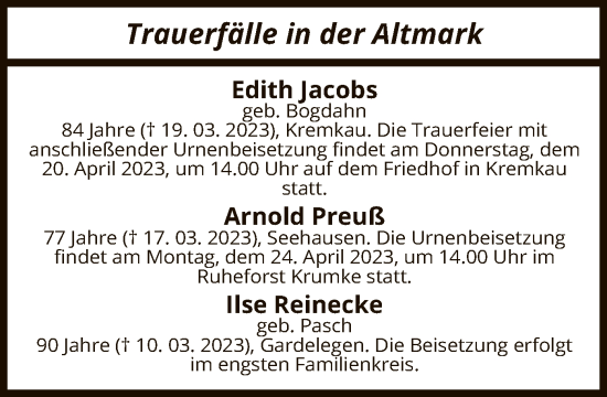 Traueranzeige von Totentafel vom 01.04.2023 von UEL