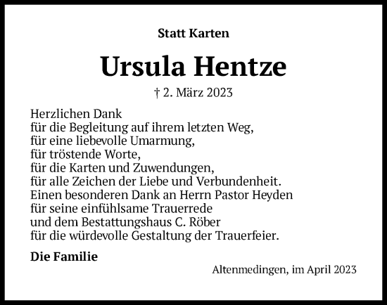 Traueranzeige von Ursula Hentze von UEL