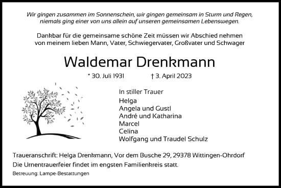 Traueranzeige von Waldemar Drenkmann von UEL