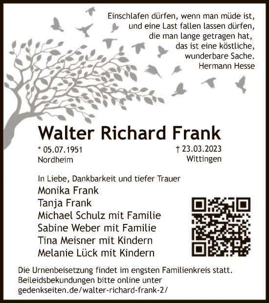 Traueranzeige von Walter Richard Frank von UEL