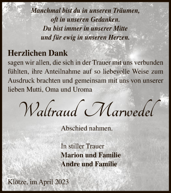 Traueranzeige von Waltraud Marwedel von UEL