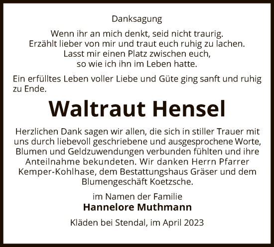 Traueranzeige von Waltraut Hensel von UEL