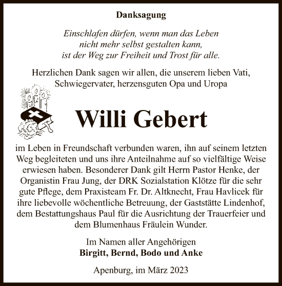 Traueranzeige von Willi Gebert von UEL