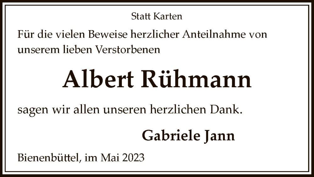  Traueranzeige für Albert Rühmann vom 13.05.2023 aus UEL