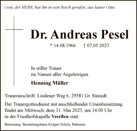 Traueranzeige von Andreas Pesel von UEL