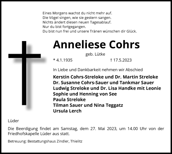 Traueranzeige von Anneliese Cohrs von UEL