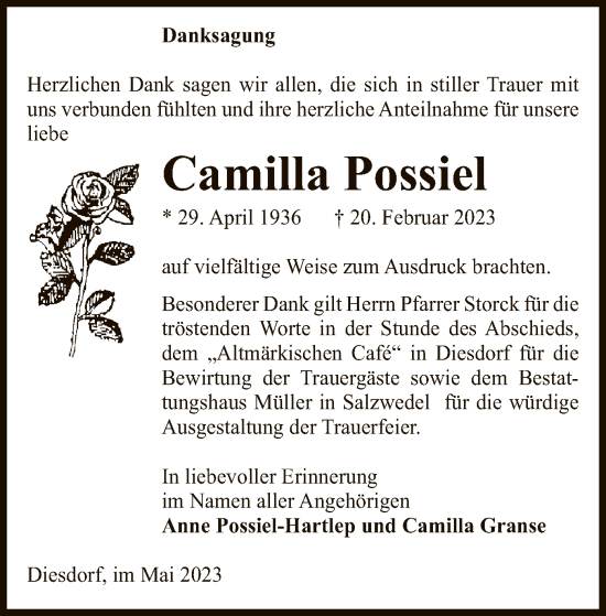 Traueranzeige von Camilla Possiel von UEL