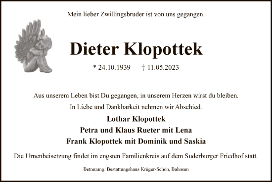 Traueranzeige von Dieter Klopottek von UEL