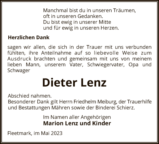 Traueranzeige von Dieter Lenz von UEL