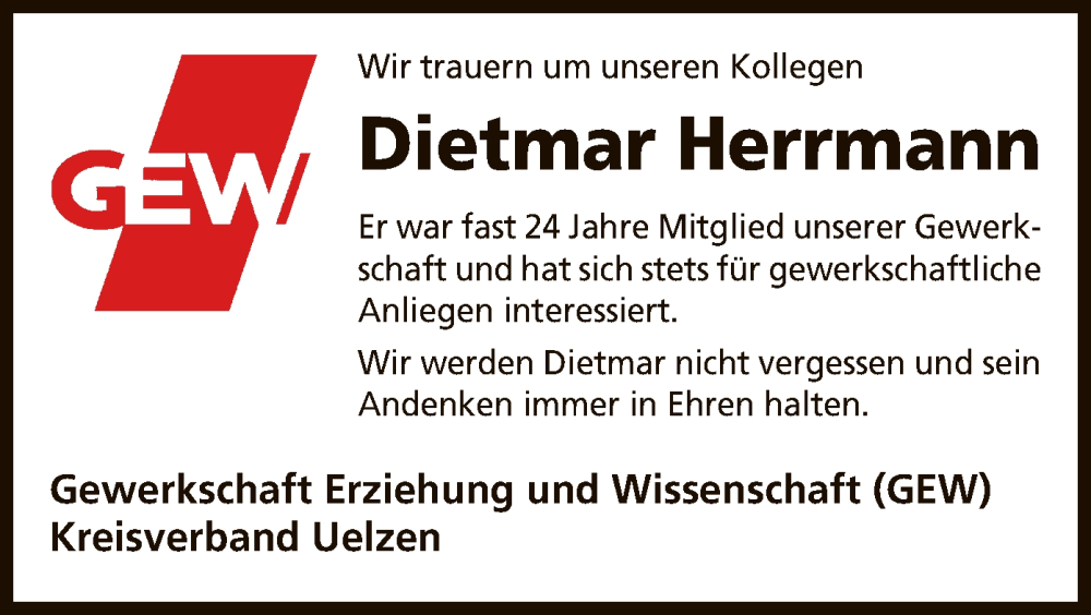  Traueranzeige für Dietmar Herrmann vom 27.05.2023 aus UEL