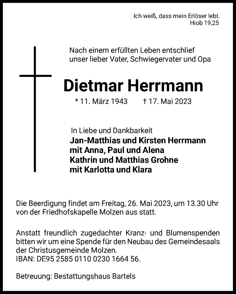  Traueranzeige für Dietmar Herrmann vom 20.05.2023 aus UEL